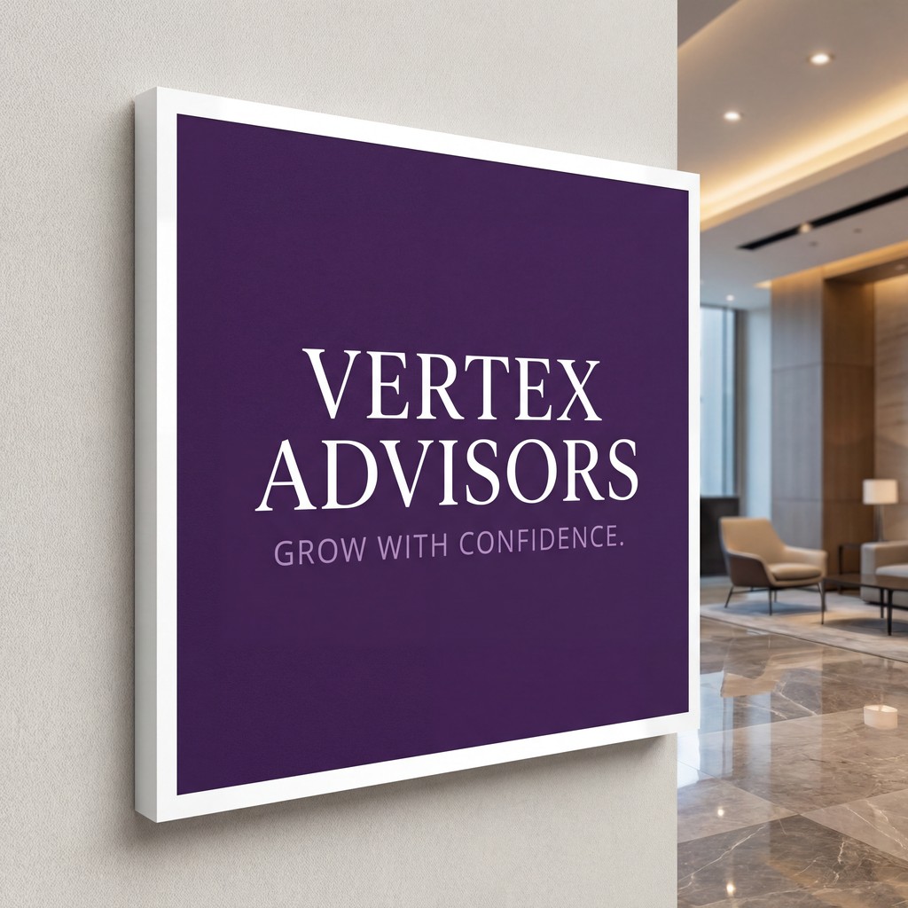 Purple Vertex Advisors sign in a modern lobby, highlighting a smooth, bright white surface characteristic of Forex® Print.