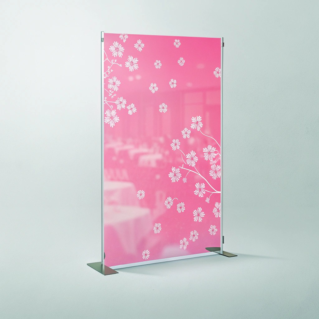 Close-up of a decorative tempered glass panel with a white floral pattern on a pink background, showcasing print quality.