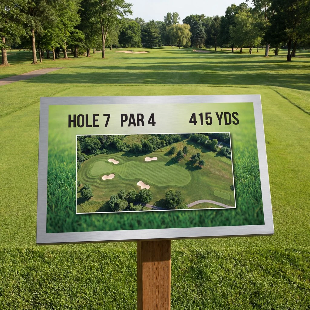 Aerial view of a pristine golf course with bunkers, fairways, and a prominent hole, showcasing ideal surfaces for NUtec Digital Ink signage.