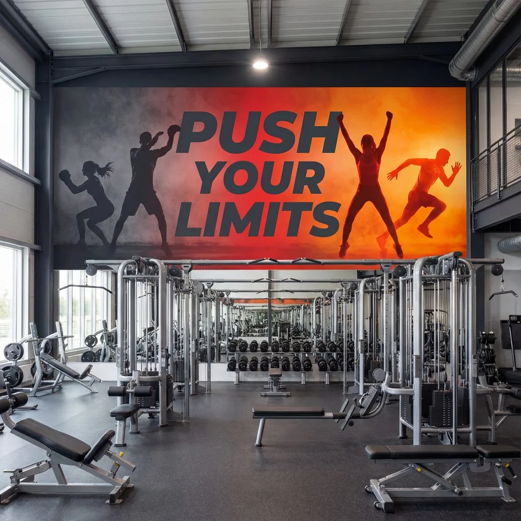 Gym wall mural with 'PUSH YOUR LIMITS' on orange, printed by NUtec UV-cured inks for Gym Wall Mural Printing.