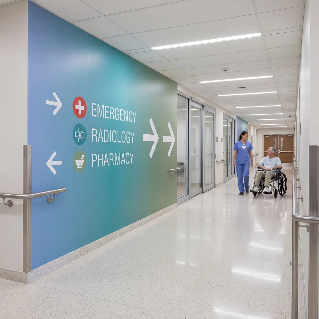 Hospital Wayfinding Digital Ink by NUtec: corridor signage on cleanable polymeric vinyl surfaces in a hospital