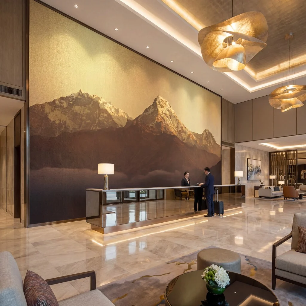 Hotel Feature Wall Inks by NUtec: Lobby mural on polymeric vinyl with Eco-Solvent and UV-Cured inks.