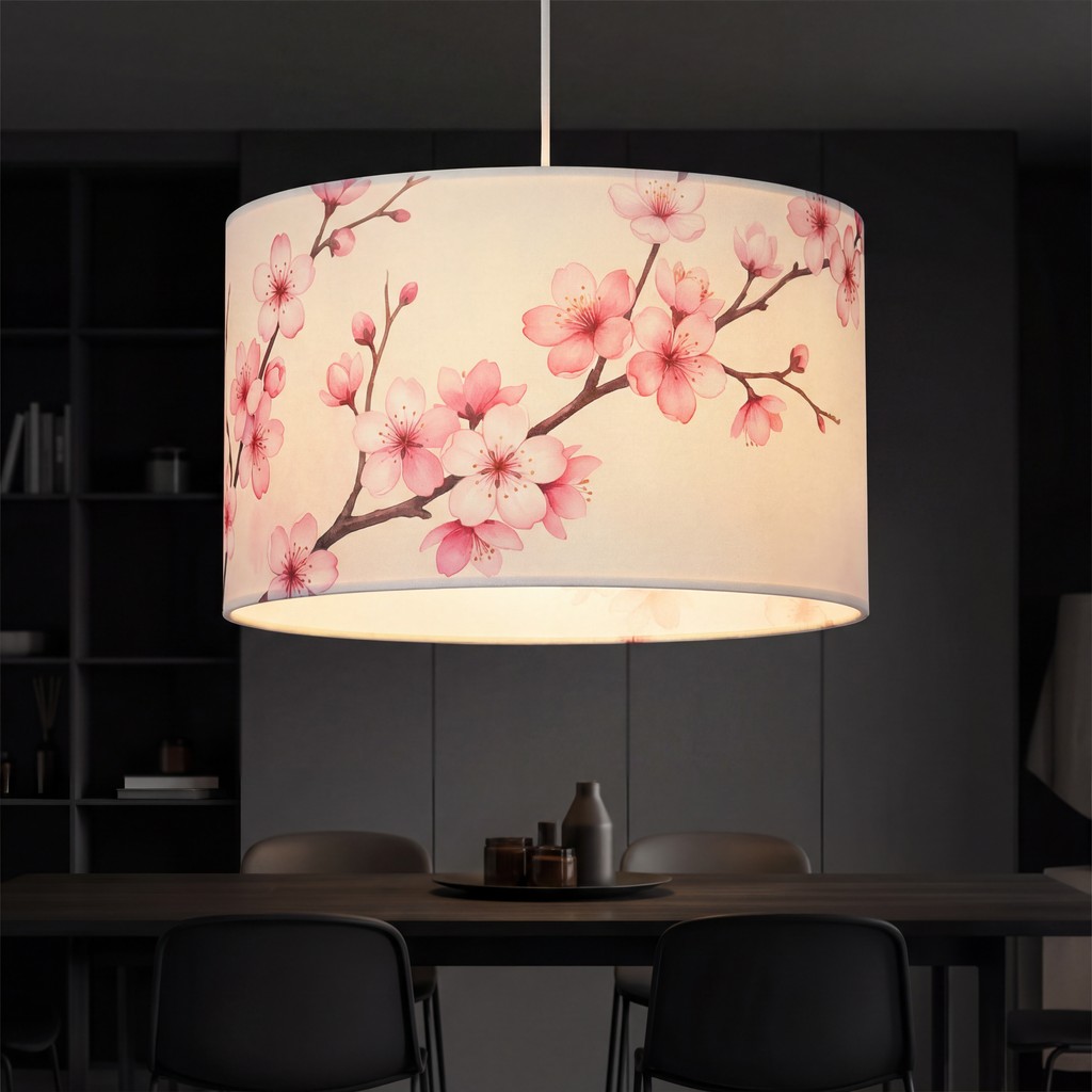 Close-up of a white fabric pendant lampshade with pink cherry blossom design, Digital lampshade printing inks.