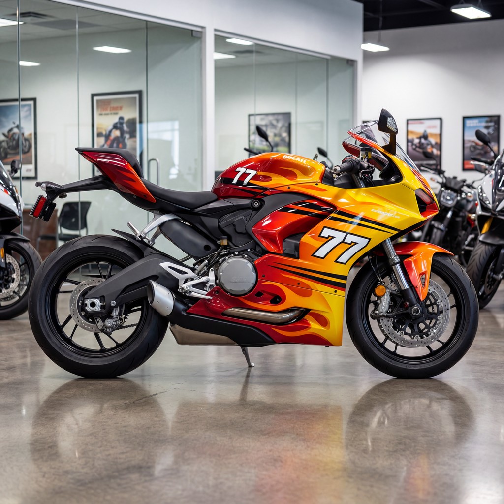 Close-up of a sleek orange/red motorcycle with fairing wraps and decals, Motorcycle Graphics Digital Ink