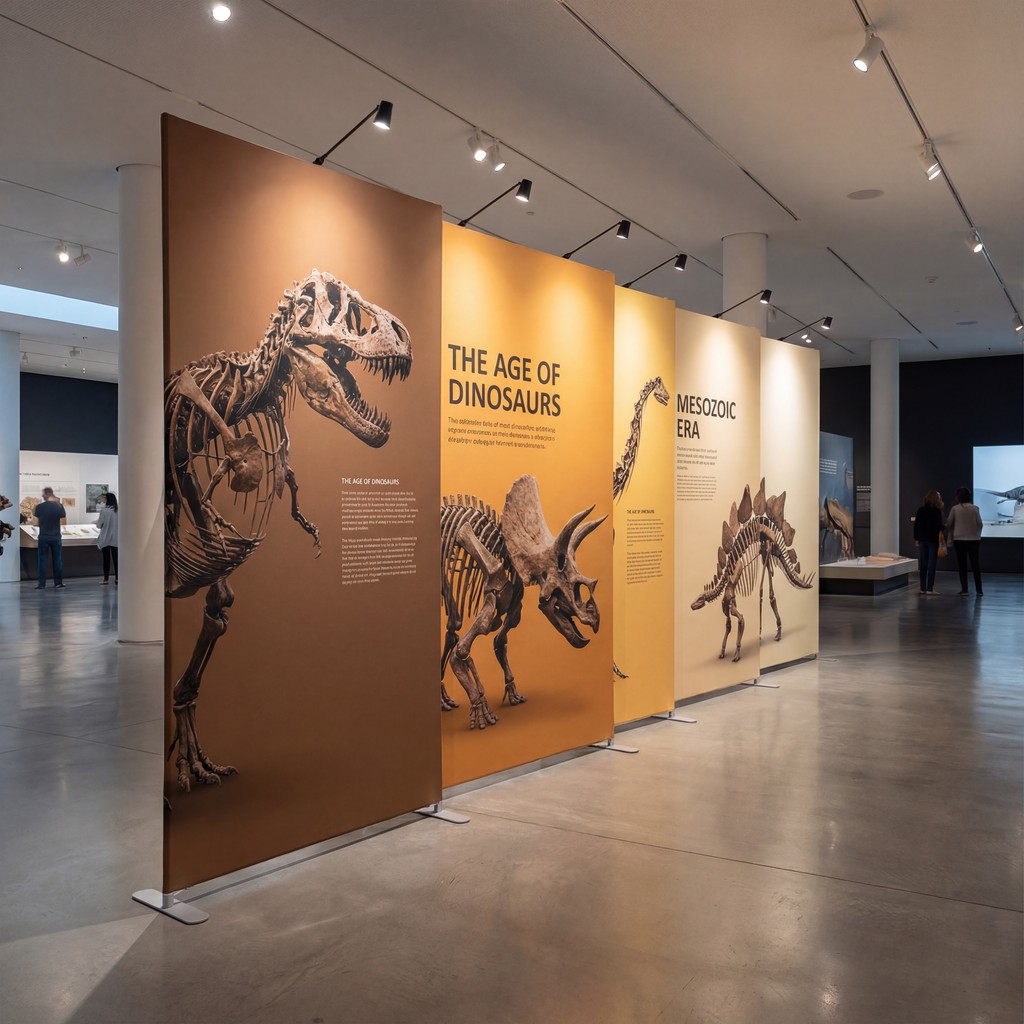 Orange banners with dinosaur graphics and 'The Age of Dinosaurs', T-Rex and Triceratops skeletons in a museum exhibit printing inks.