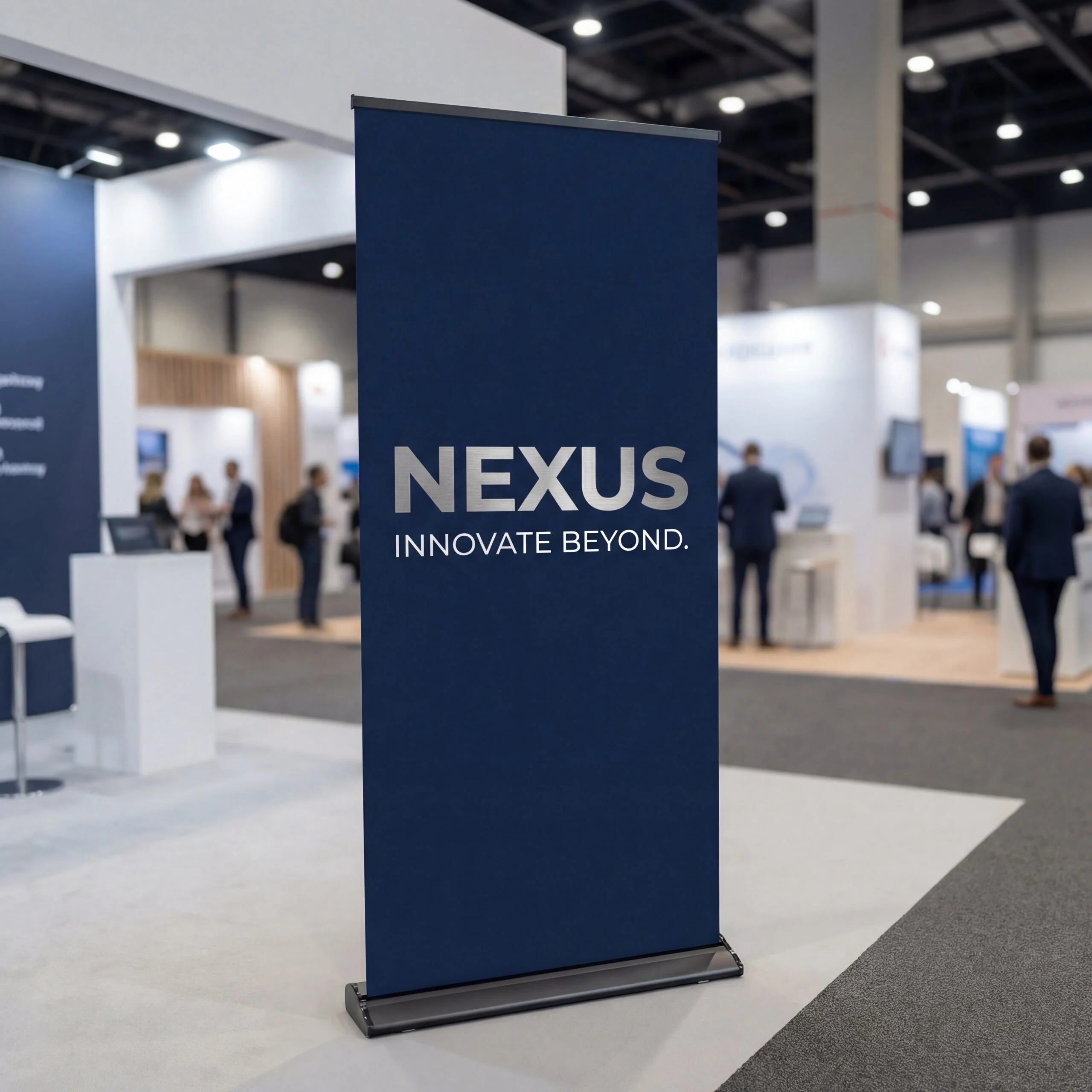 Blue NEXUS banner stand on white carpet, showcasing a non-curl PET film for digital printing in an exhibition hall.