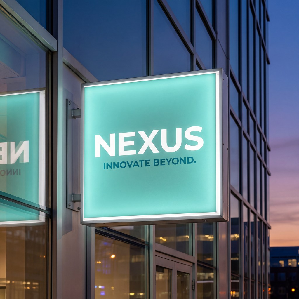 Close-up of a backlit 'NEXUS INNOVATE BEYOND' sign made from opal acrylic, glowing against a dark building.