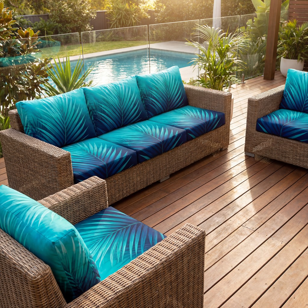 NUtec outdoor cushion printing inks deliver weather-resistant cushions on a blue sectional in a luxurious patio setting.
