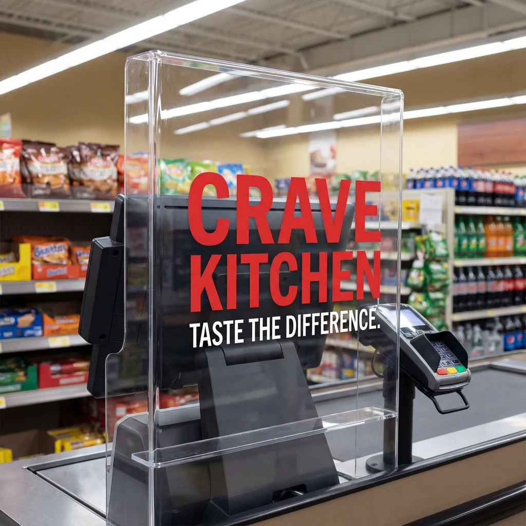 Clear plastic checkout counter with 'CRAVE KITCHEN TASTE THE DIFFERENCE' sign, showcasing PETG substrate