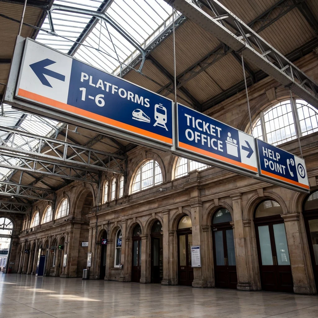 Train station interior with high ceiling, arched windows, and 'Platforms 1-6' sign. Polymeric Vinyl used for medium to long-term flat applications.