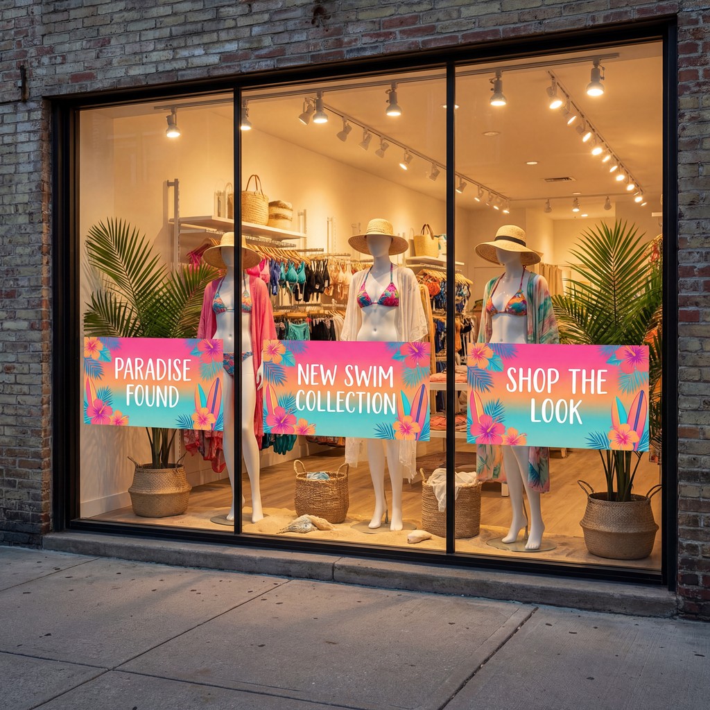 Repositionable vinyl graphic 'New Swim Collection' on a store window, showcasing mannequins in swimsuits and hats.
