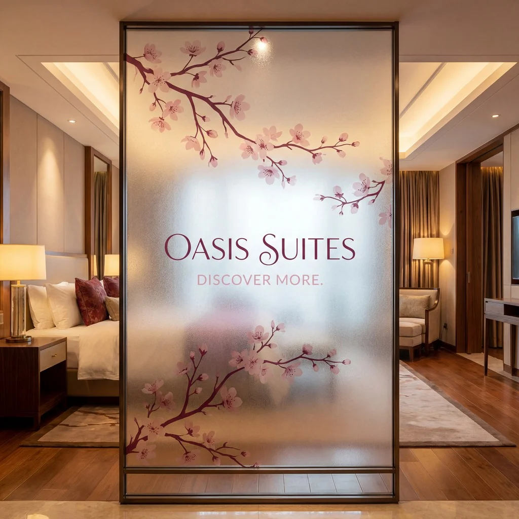 Luxurious bedroom with a large window featuring a pink cherry blossom design on sandblast vinyl for privacy and light.