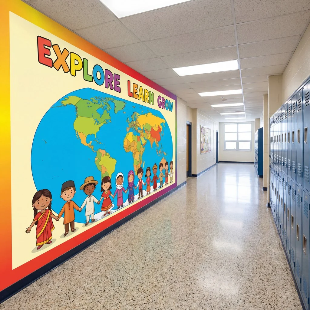 NUtec School Mural Digital Inks used on a vibrant hallway mural with blue lockers.