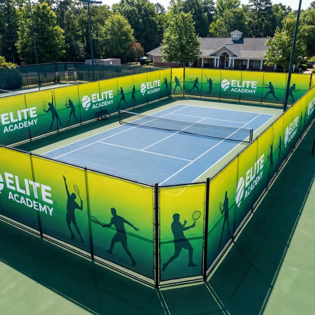 NUtec Eco-Solvent inks on PVC mesh windscreen for tennis courts — sports windscreen printing inks