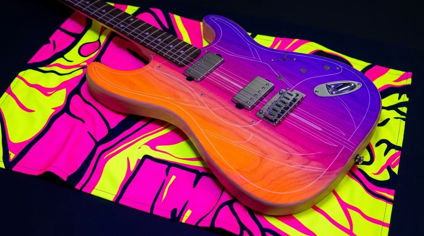 Vibrant colour-printed electric guitar on NUtec Digital Ink's development page showcasing digital printing ink capabilities