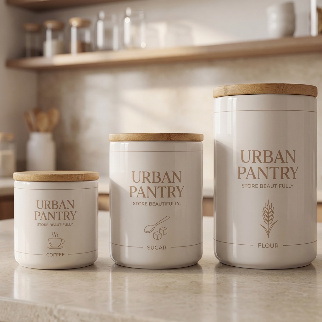 White storage jars with wooden lids labelled 'Urban Pantry' on a kitchen counter, featuring minimalistic text and icons for coffee, sugar, and flour, in a modern kitchen setting