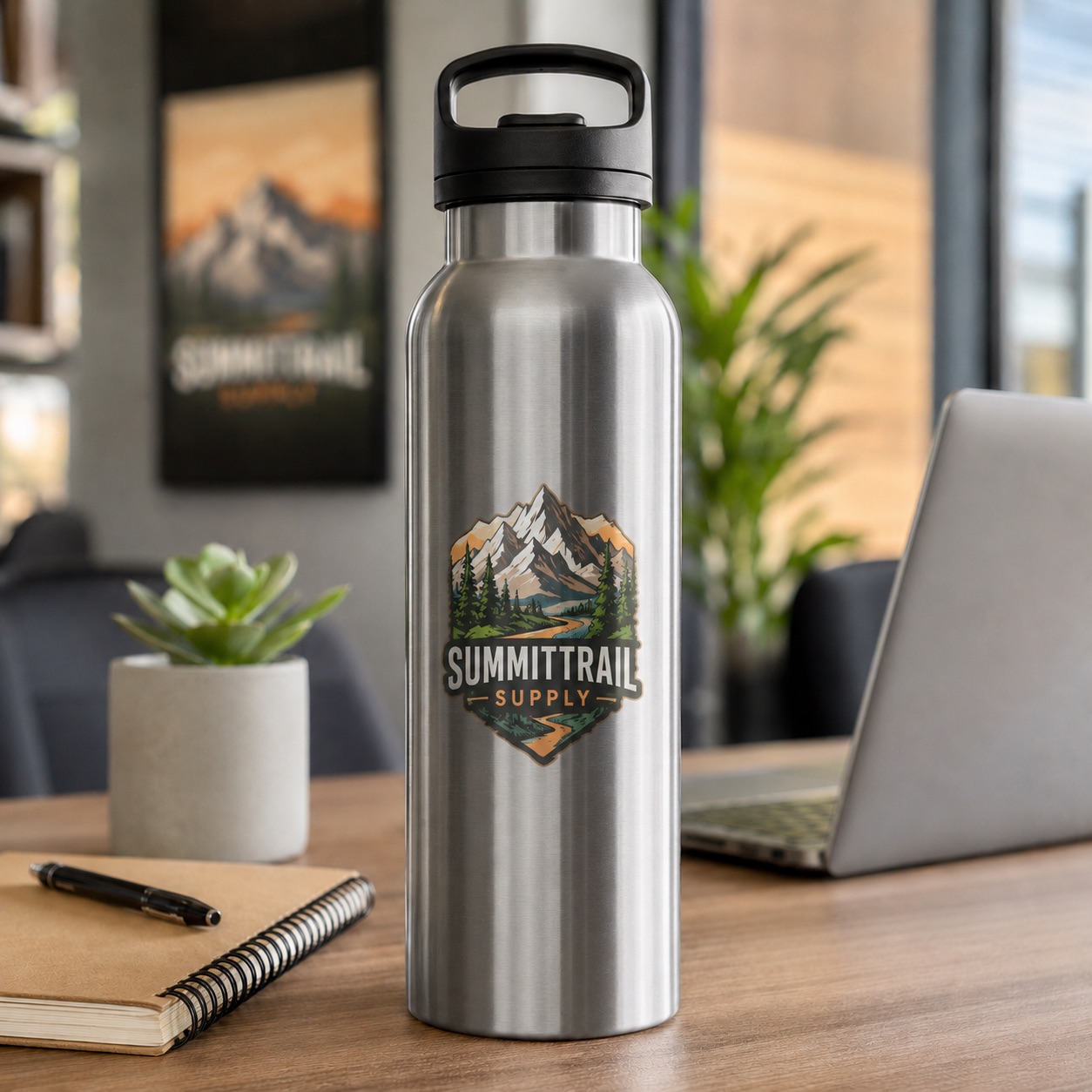 Aluminium bottles decorated with UV DTF decals for promotional and lifestyle branding, supported by NUtec Digital Ink’s UV-Cured Roll-to-Roll ink solution for customisation.