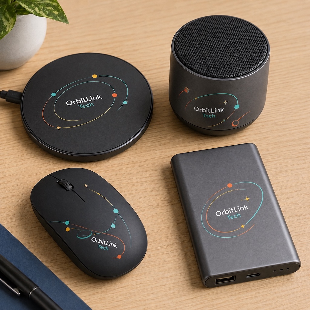 UV DTF transfer decals applied to electronic products and accessories showcasing precise branding and vibrant colours on devices like power banks and chargers, printed with NUtec R10-DTF ink using hybrid roll-to-roll printers.
