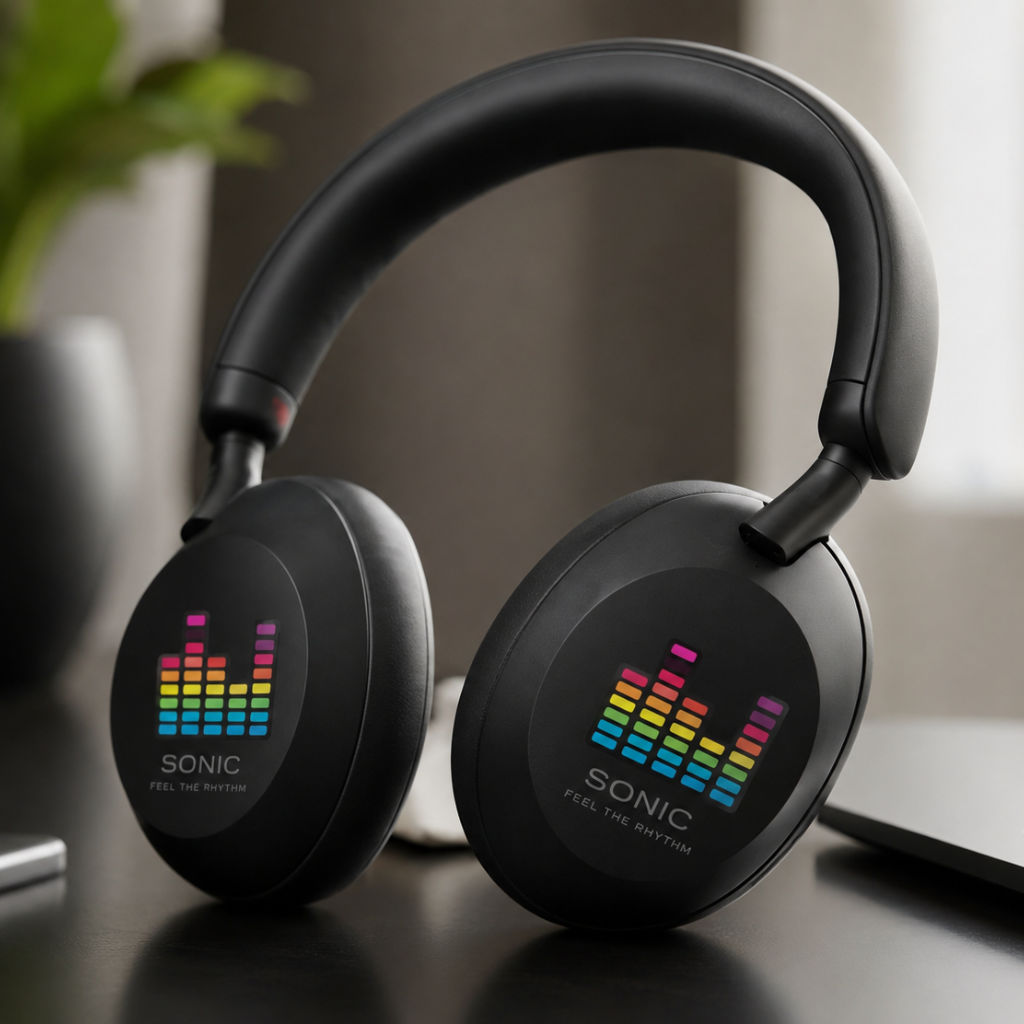 Headphones with custom printed decals on the ear cups, showcasing UV DTF transfer printing for branding on audio accessories
