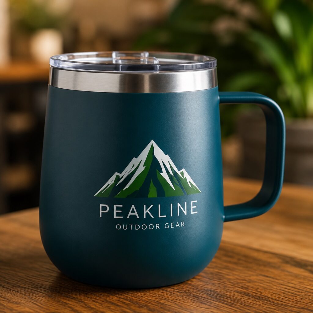 Promotional travel mug with printed decal using UV DTF transfer decals and NUtec R10-DTF ink solution for vibrant branding on reusable drinkware